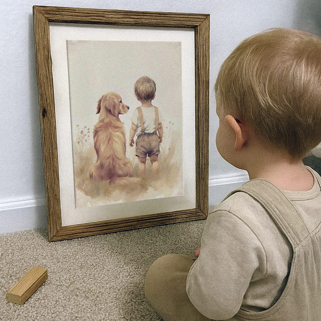 Toddler looking at a framed print of a boy and golden retriever