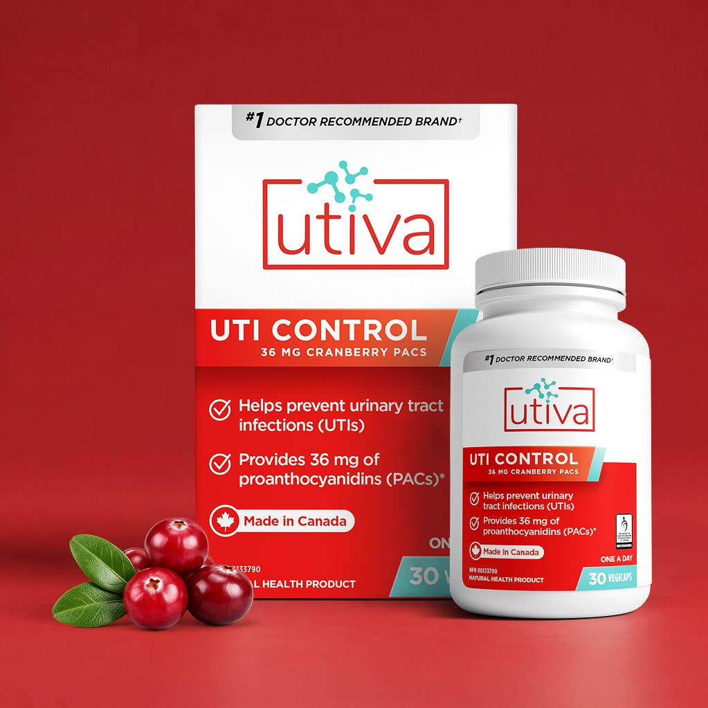 Utiva UTI Control box and capsule bottle on a red background with fresh cranberries