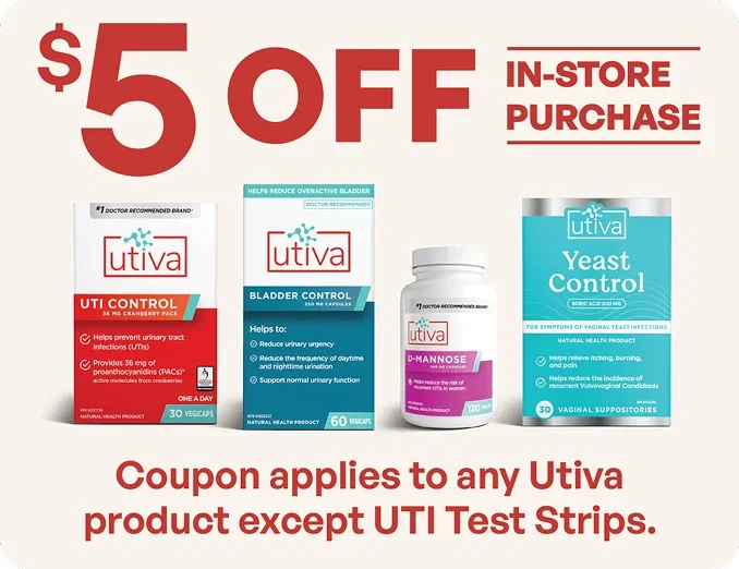 $5 off in-store purchase coupon featuring UTI Control, Bladder Control, D-Mannose and Yeast Control