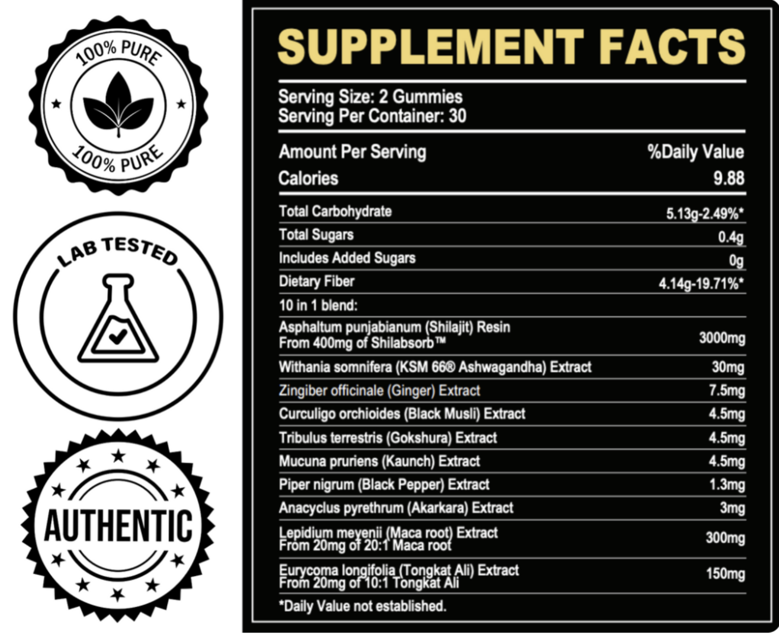 XARA 10-in-1 supplement facts: serving size 2 gummies, 30 servings, 3000mg shilajit resin plus nine botanical extracts, with 100% pure, lab tested and authentic badges