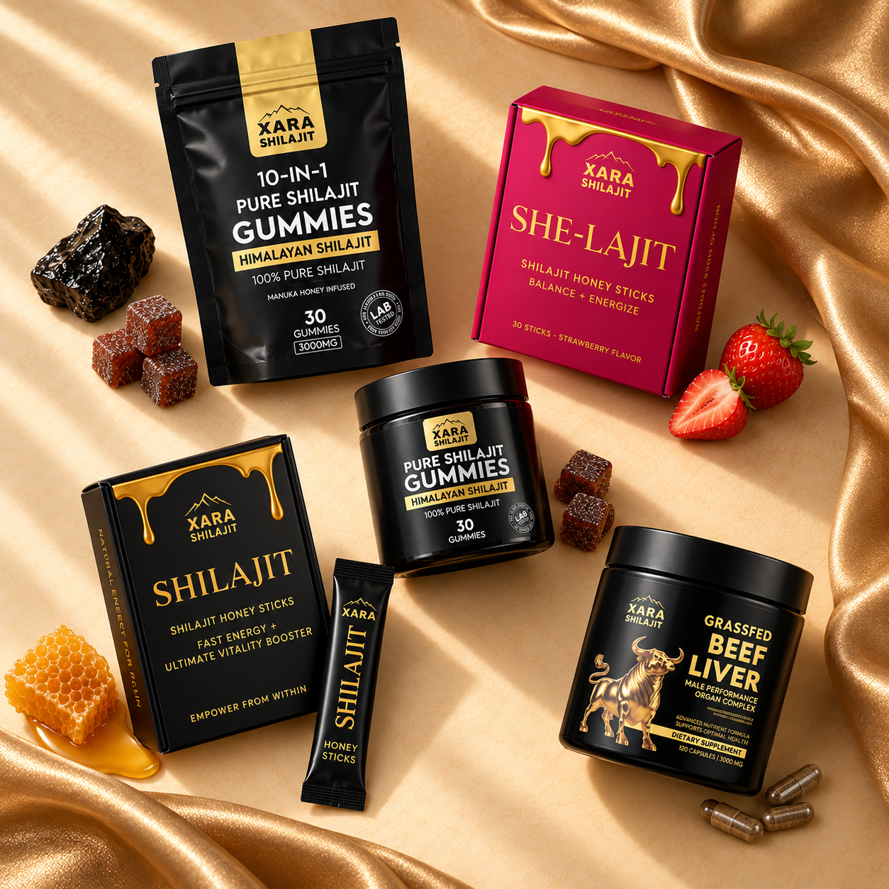 The XARA Performance & Drive lineup: shilajit gummies, SHE-Lajit honey sticks, grassfed beef liver capsules and shilajit honey sticks