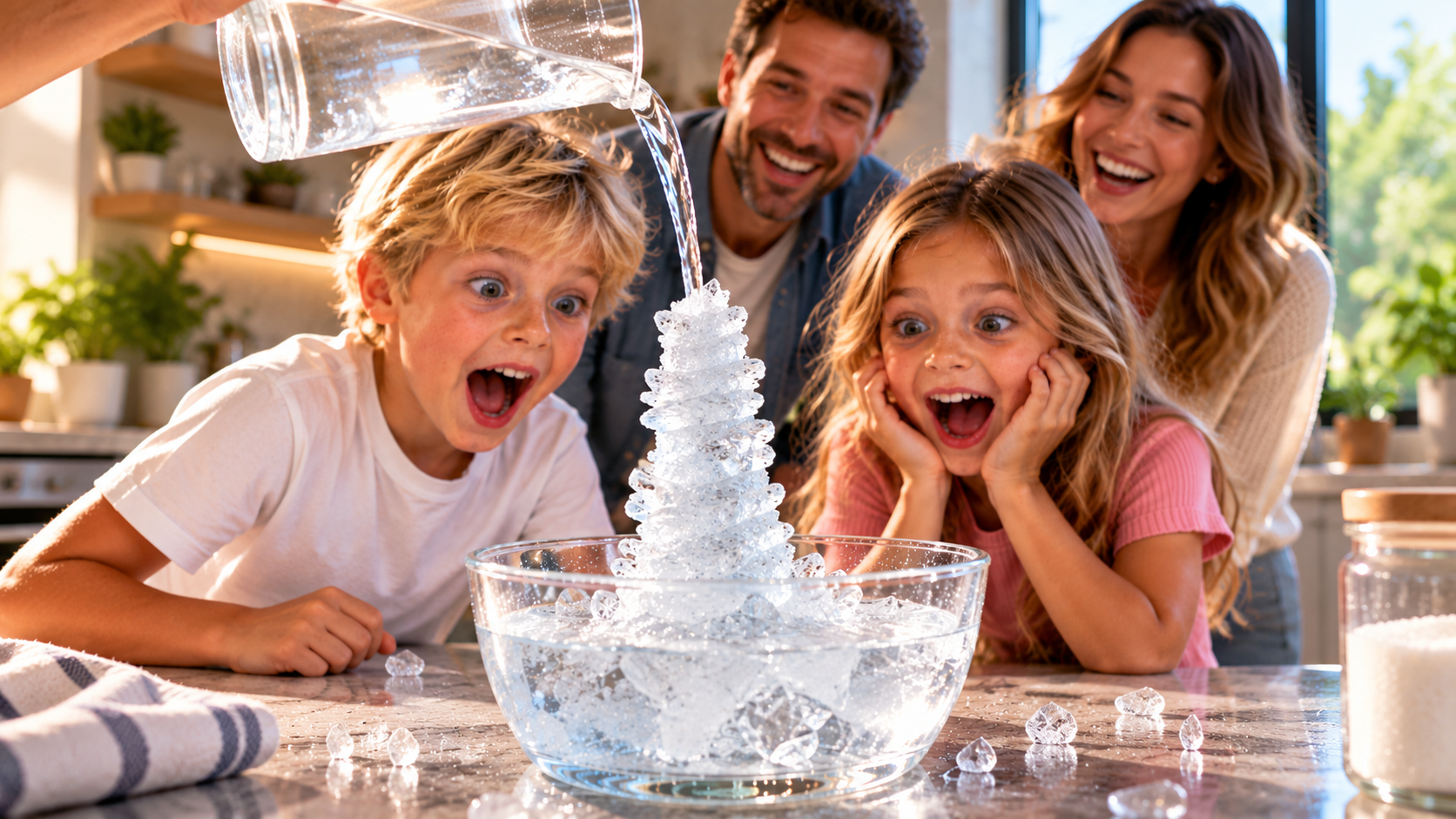 A family doing a science experiment together at the kitchen table
