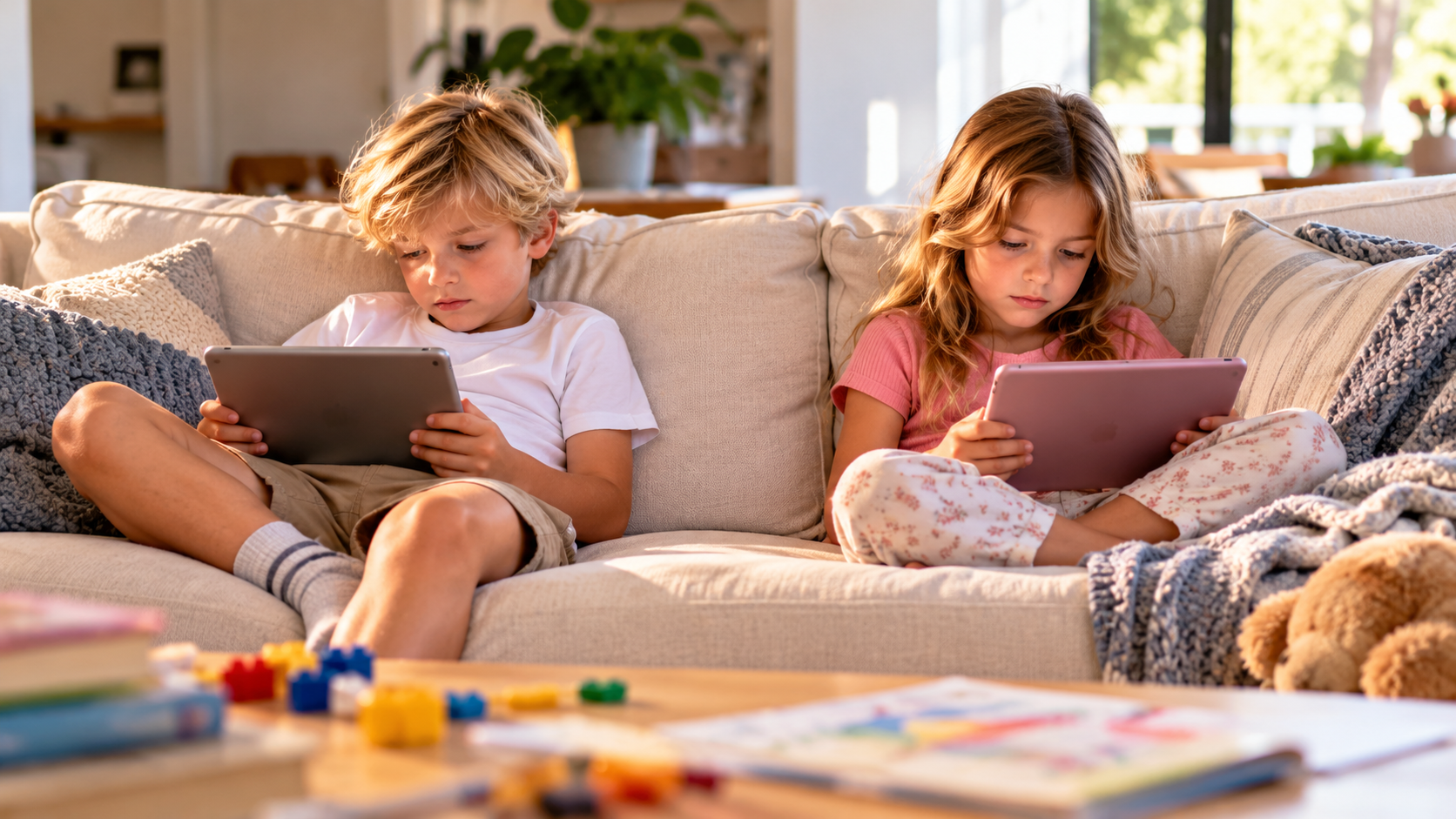 Two kids on the couch staring at their tablets