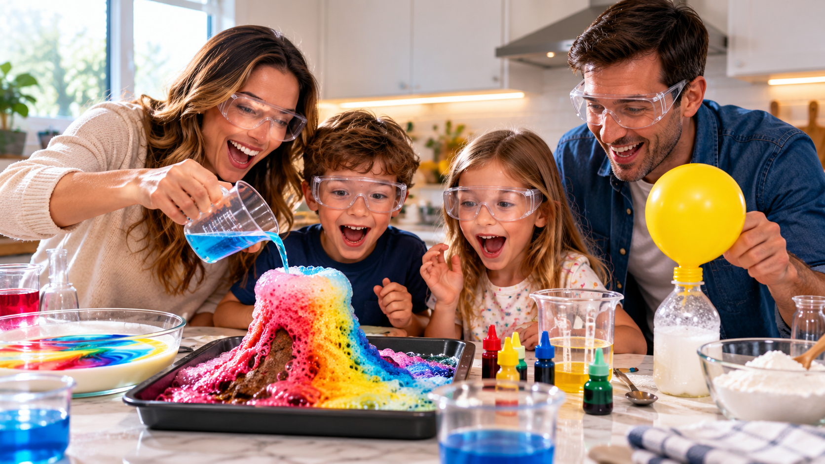 A family doing a science experiment together at the kitchen table