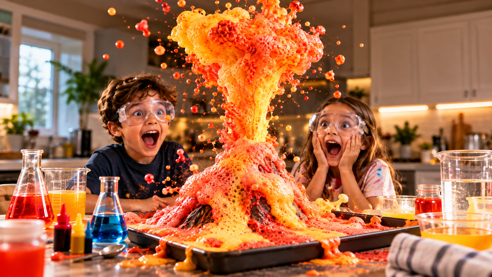 Two kids laughing as colorful foam erupts from a bottle