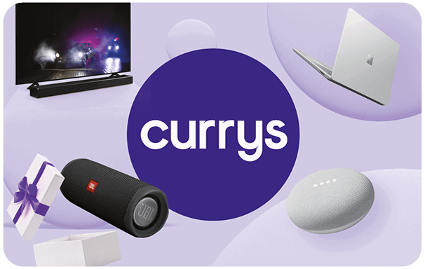 Currys gift card with the Currys logo surrounded by a TV and soundbar, laptop, Bluetooth speaker, smart speaker and a gift box