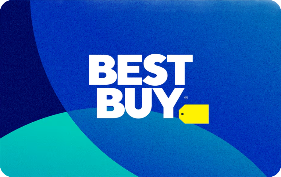Blue Best Buy gift card with the white Best Buy logo and yellow tag