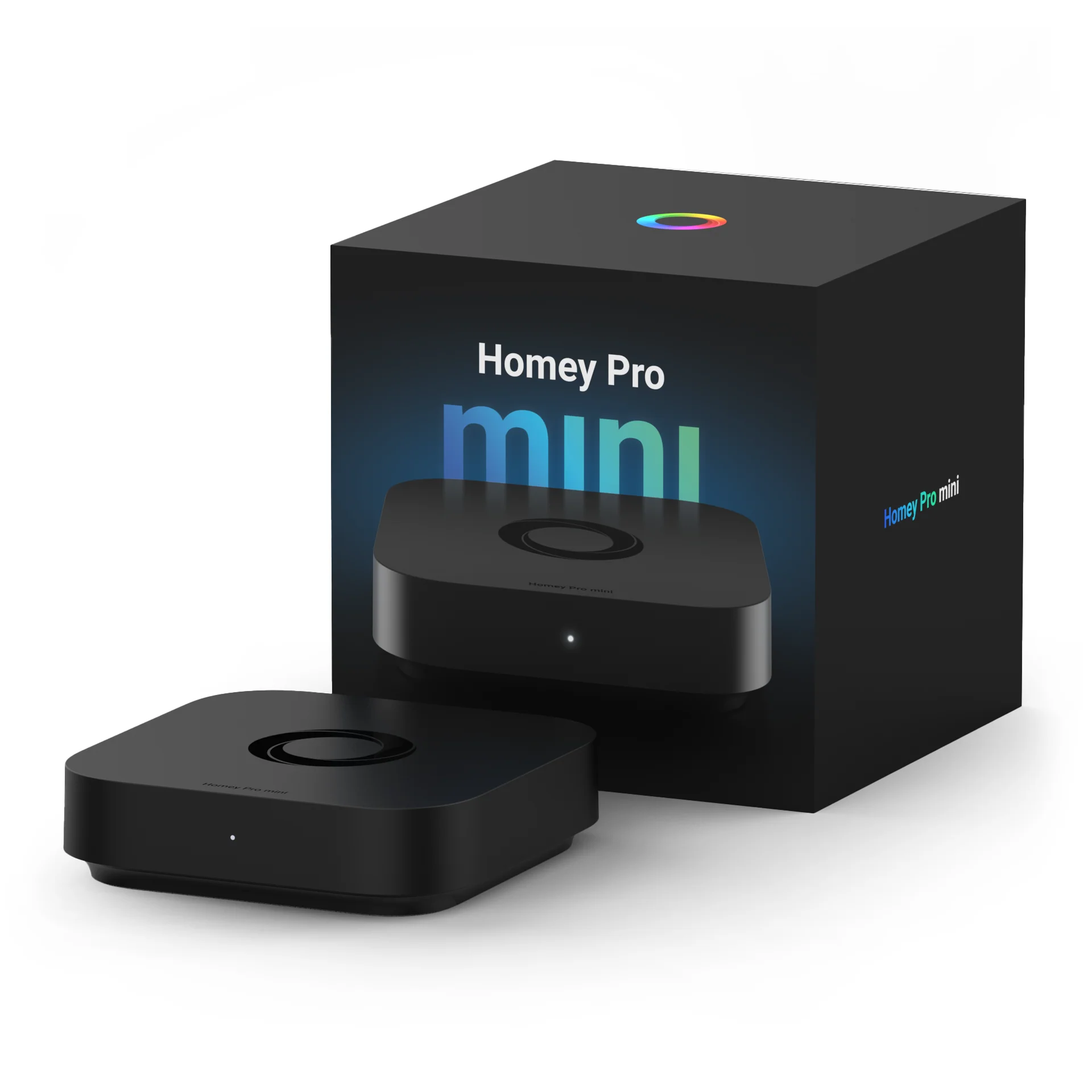 Homey Pro Mini smart home hub beside its retail box