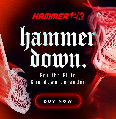 Two red lacrosse sticks with new Hammer 2K shafts on a dark red background with text promoting 'hammer down' shafts