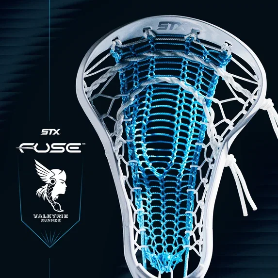 white fuse lacrosse head with carolina blue valkyrie runner pocket
