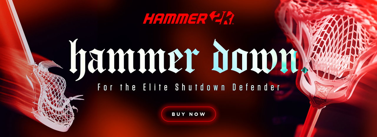 Two red lacrosse sticks with new Hammer 2K shafts on a dark red background with text promoting 'hammer down' shafts