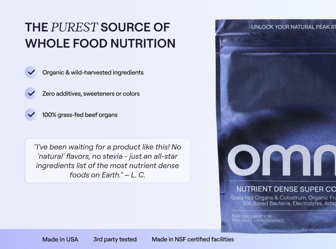 OMNI¹ supplement pouch with quality highlights: organic, wild-harvested, zero additives, 100% grass-fed organs, third-party tested, NSF certified, made in USA.