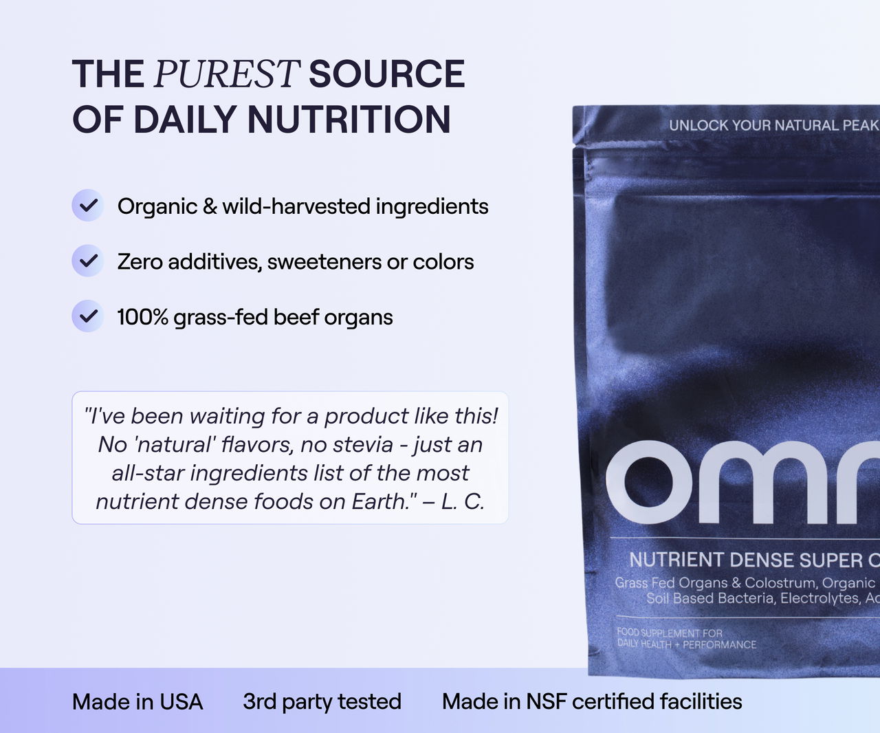 OMNI¹ supplement pouch with quality highlights: organic, wild-harvested, zero additives, 100% grass-fed organs, third-party tested, NSF certified, made in USA