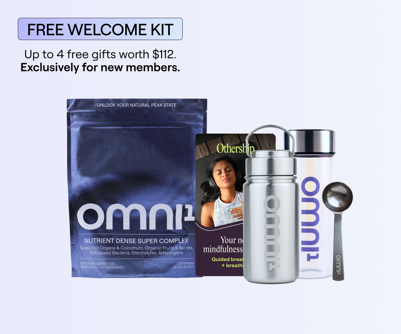 OMNI¹ subscription welcome kit with supplement pouch, stainless steel water bottle, glass jar, branded scoop, and Othership breathwork app card