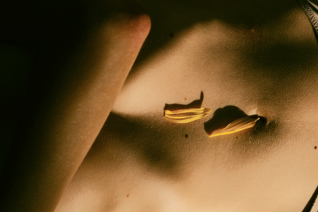 Close-up of a woman's belly with two yellow flower petals placed on it.