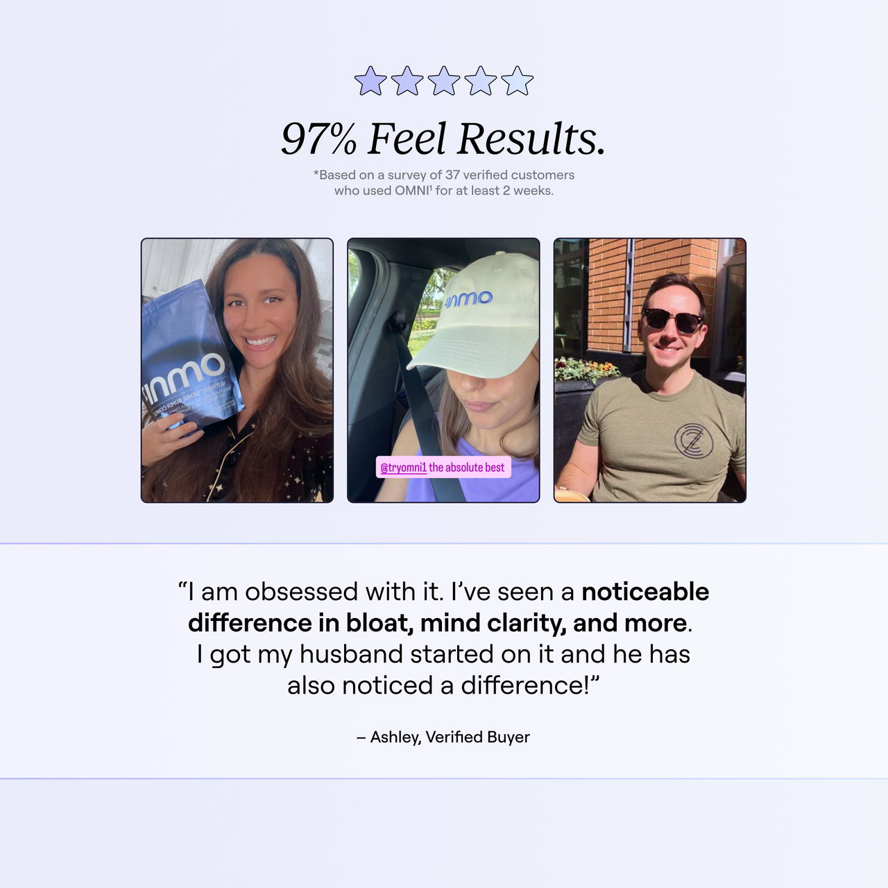 Three customer photos with OMNI¹ + product and a testimonial praising its benefits