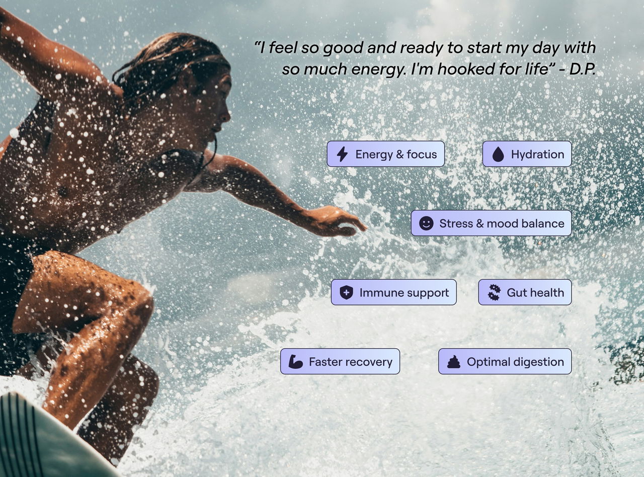 Surfer diving into ocean waves with OMNI¹ benefits: energy, focus, hydration, immune support, gut health, and recovery.