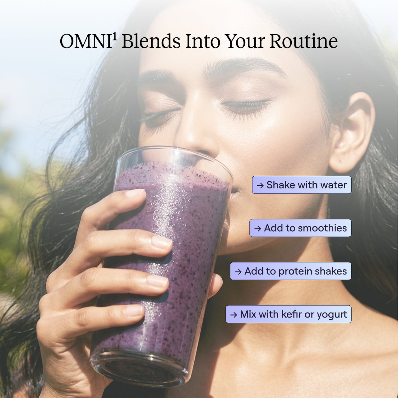 Woman with closed eyes drinking a purple smoothie outdoors