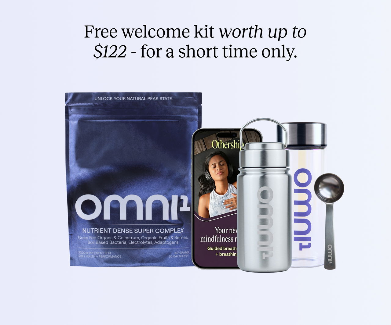 OMNI¹ subscription welcome kit with supplement pouch, stainless steel water bottle, glass jar, branded scoop, and Othership breathwork app card