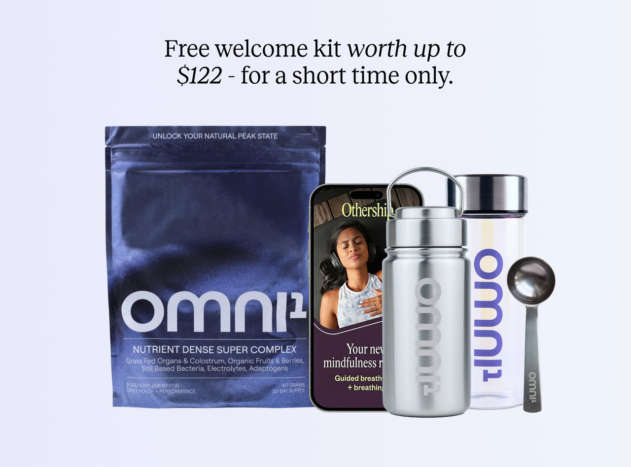 OMNI¹ subscription welcome kit with supplement pouch, stainless steel water bottle, glass jar, branded scoop, and Othership breathwork app card