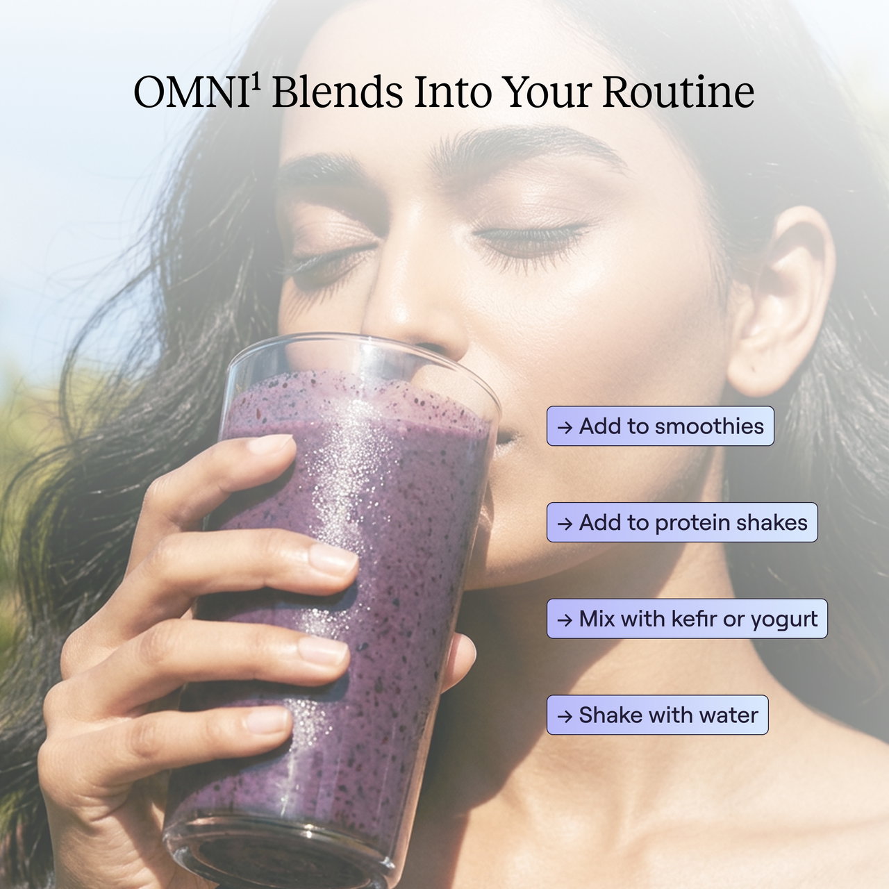 Woman with closed eyes drinking a purple smoothie outdoors