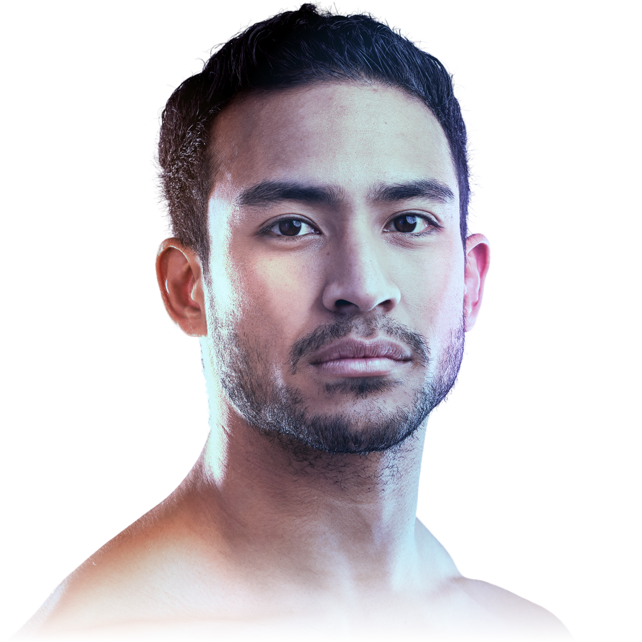 Close-up of a serious-looking man with dark hair and beard on a white background