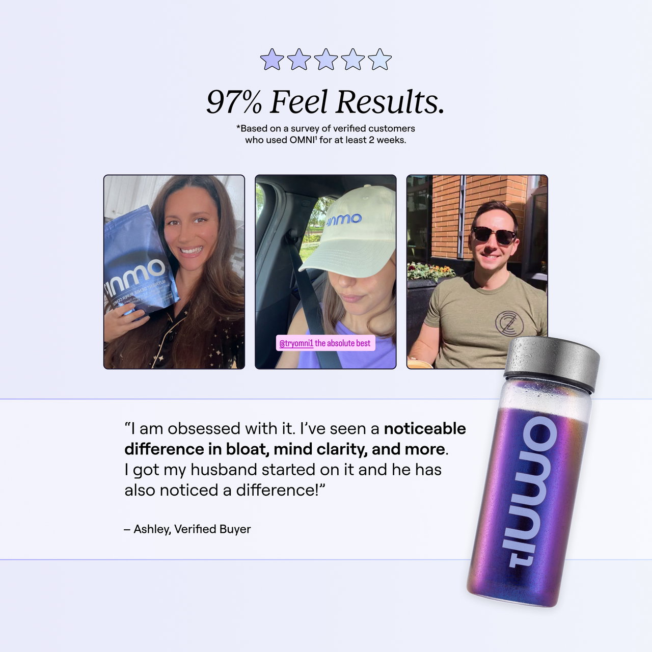 Three customer photos with OMNI¹ + product and a testimonial praising its benefits