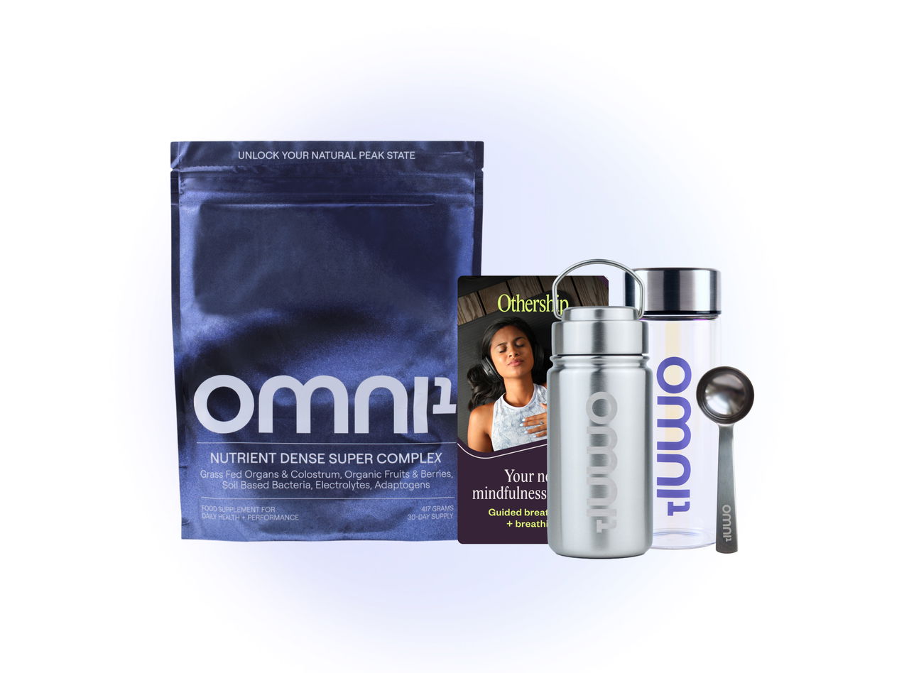 OMNI¹ supplement pouch, metal bottle, clear shaker bottle, scoop, and breathwork app card.