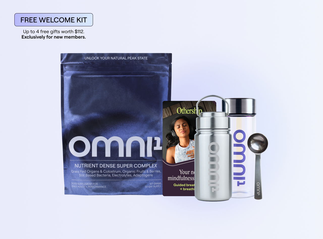 OMNI¹ subscription welcome kit with supplement pouch, stainless steel water bottle, glass jar, branded scoop, and Othership breathwork app card