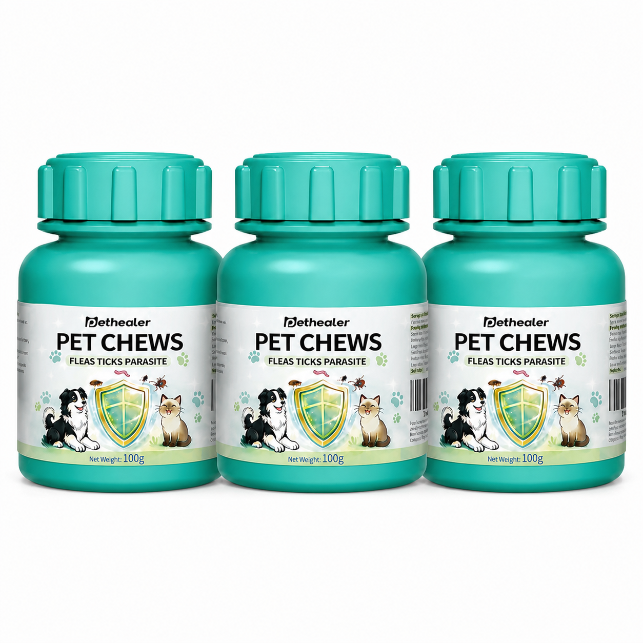 Three turquoise bottles of pet chews for fleas, ticks, and parasites with dog and cat illustrations