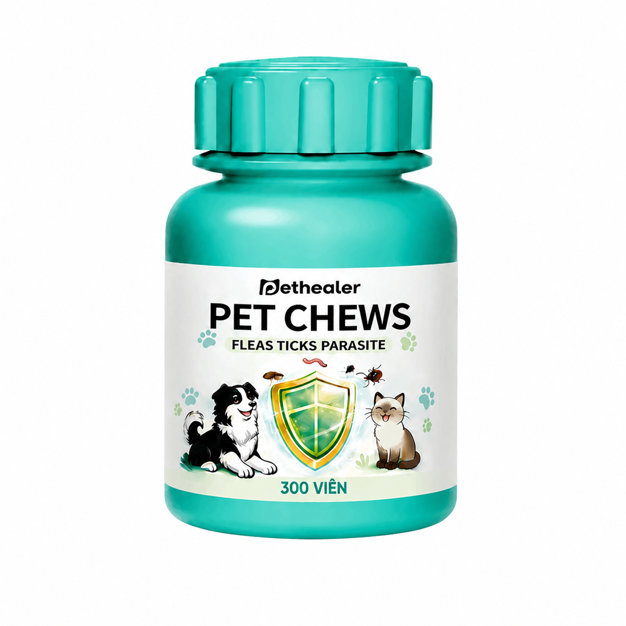 A teal bottle of Pethealer Pet Chews for fleas, ticks, and parasites with images of a dog, cat, and shield