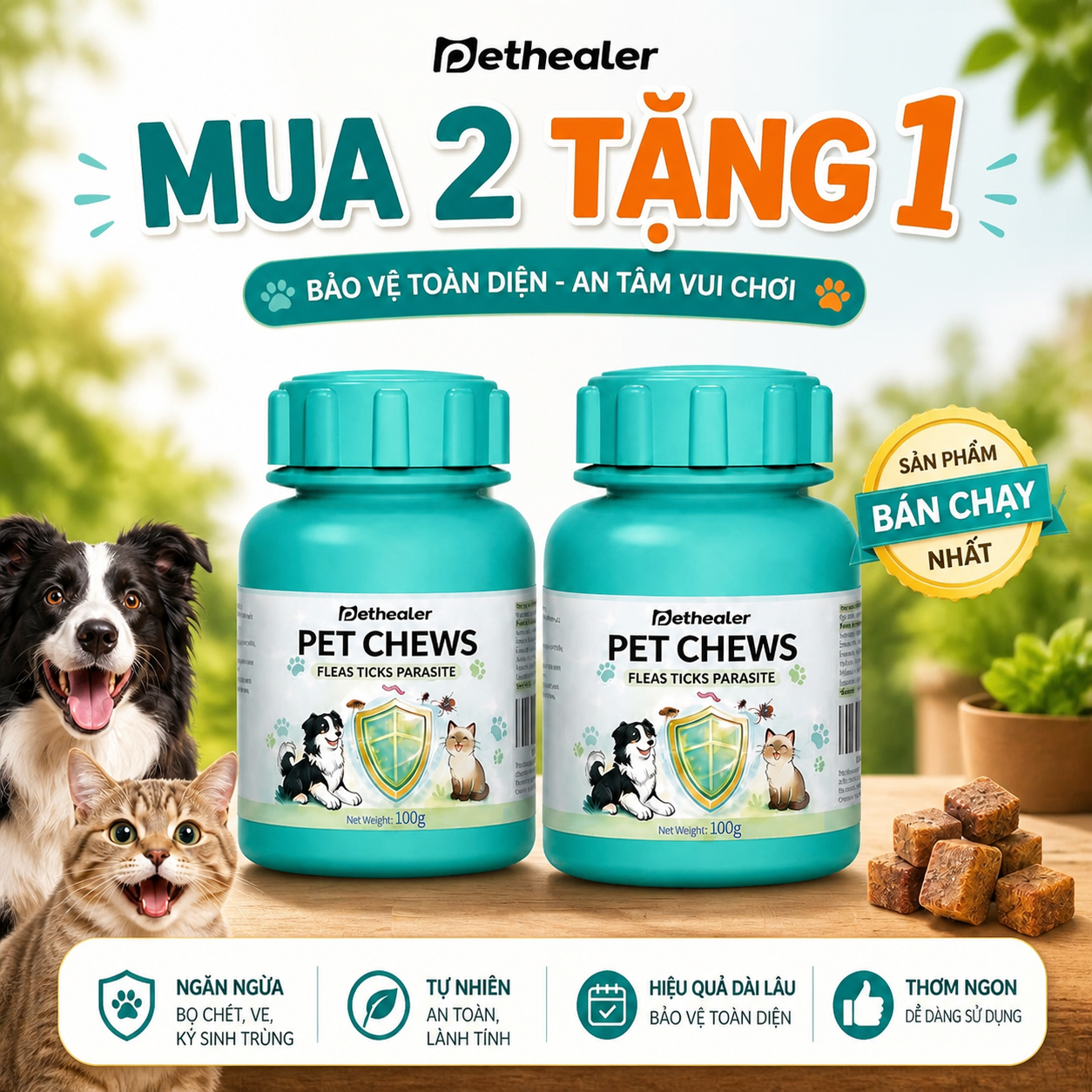 Two bottles of Pethealer Pet Chews for fleas, ticks, and parasites with a cat and dog shown