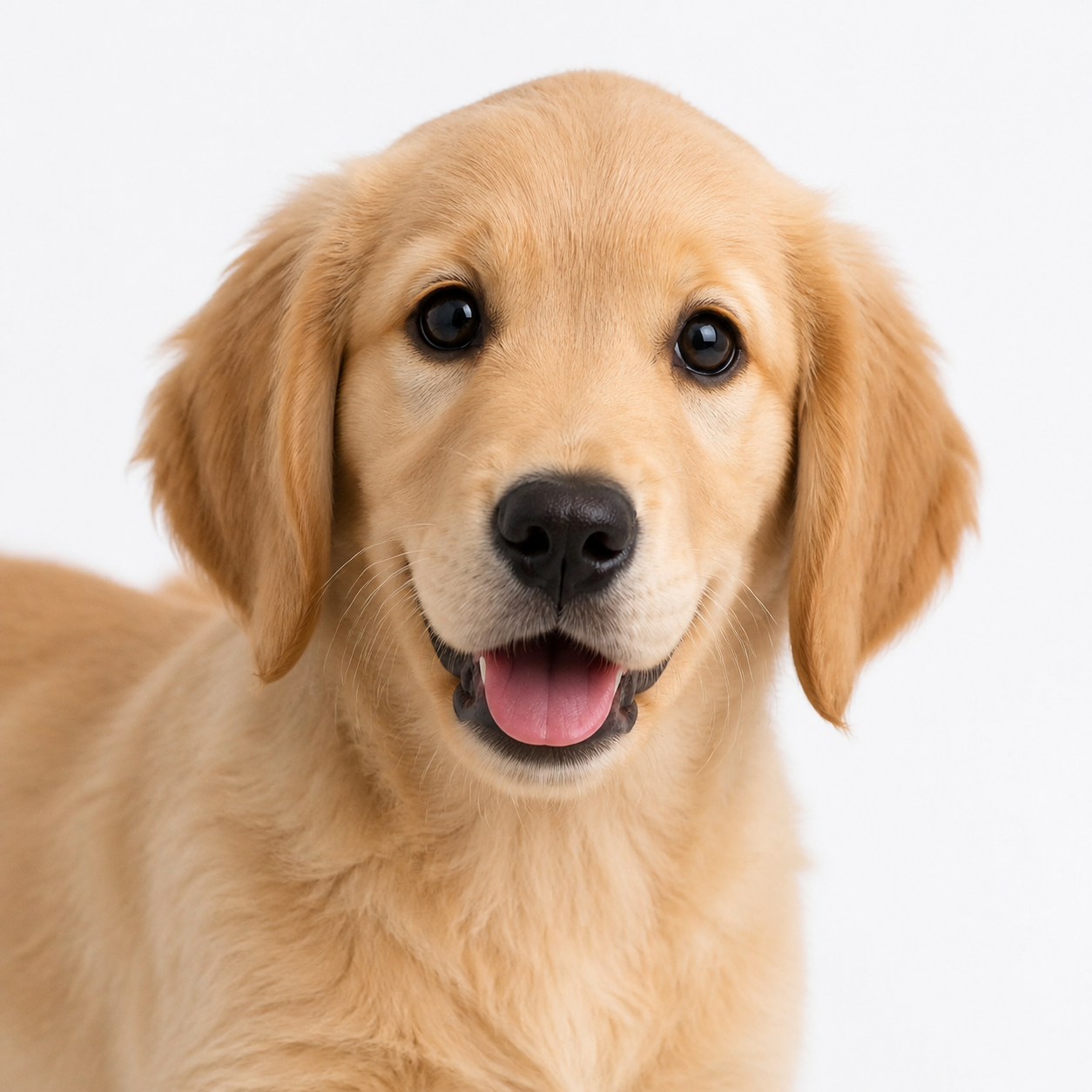Smiling golden retriever puppy with fluffy fur and black nose looking at the camera