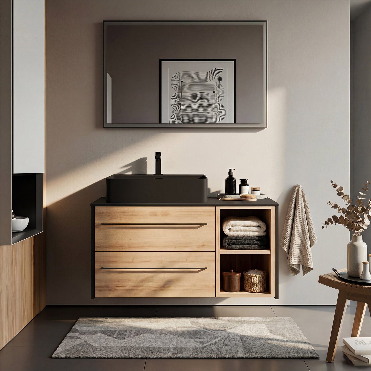Modernes Bad mit Waschtisch-Unterschrank in Holzoptik