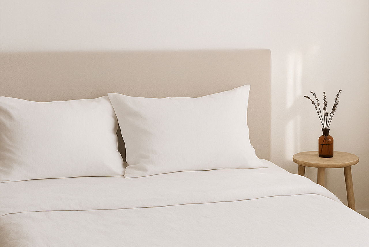 Letto rifatto con lenzuola chiare e lavanda sul comodino: un ambiente profumato e ordinato per dormire meglio.