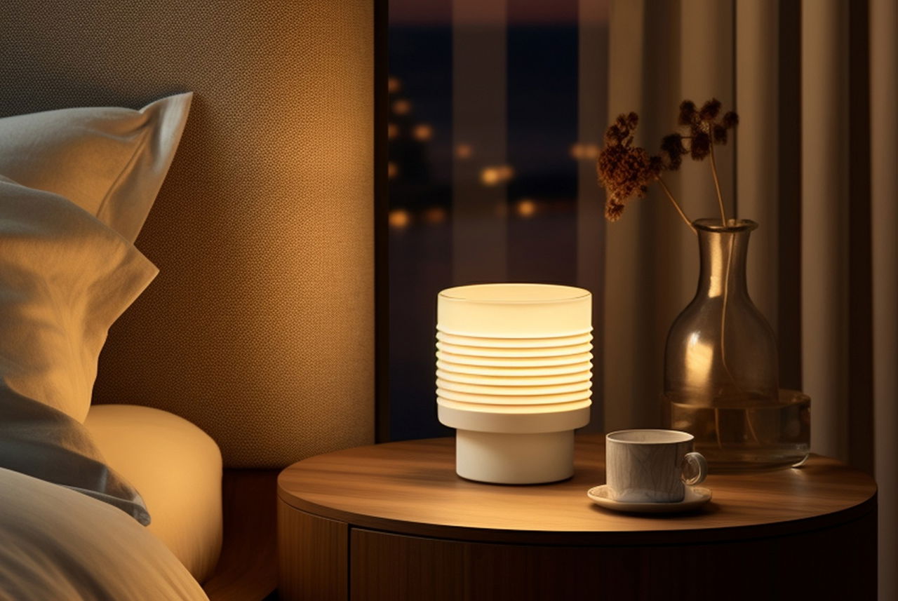 Camera da letto in penombra con luce calda, tazza e profumo naturale: il rituale serale ideale secondo Mamma Avilia.