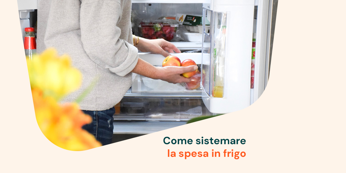 Persona che ripone mele fresche nel frigorifero: il primo passo di Mamma Avilia per organizzare la spesa in modo intelligente e conservare meglio gli alimenti.