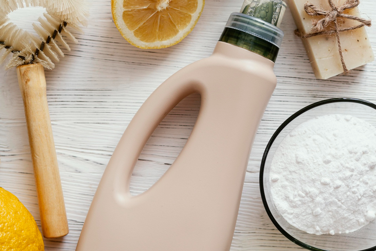 Bottiglia di ammorbidente naturale fai-da-te con limone, sapone e bicarbonato, secondo i consigli di Mamma Avilia