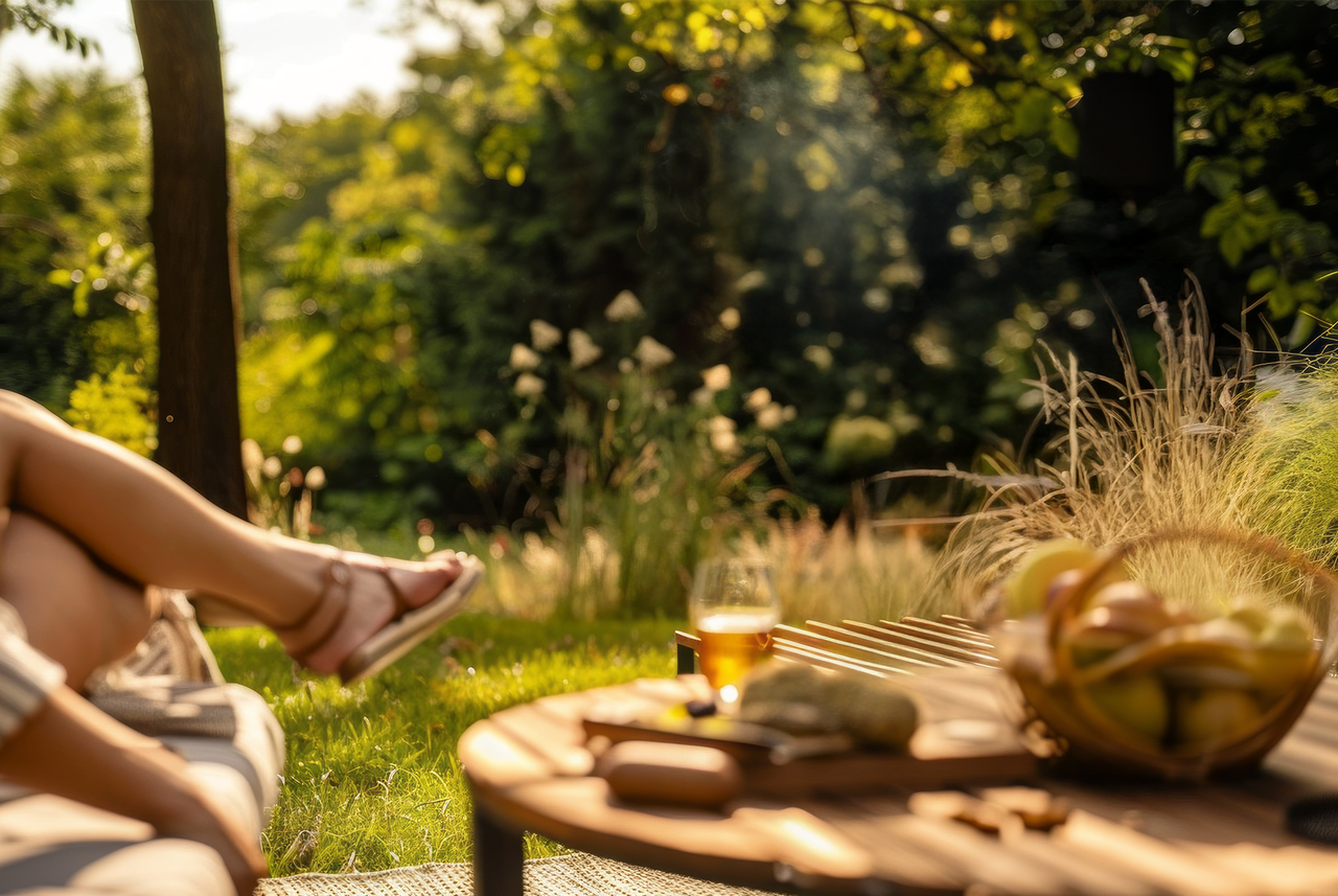 Scorcio rilassante di un giardino soleggiato con gambe distese, frutta e bevanda: un piccolo paradiso domestico firmato Mamma Avilia per vivere la natura con semplicità.