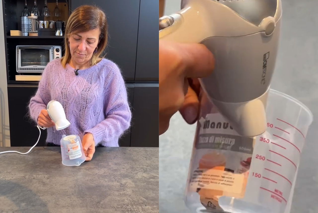 Mamma Avilia mostra come usare un phon per eliminare facilmente le etichette adesive da contenitori riutilizzabili.