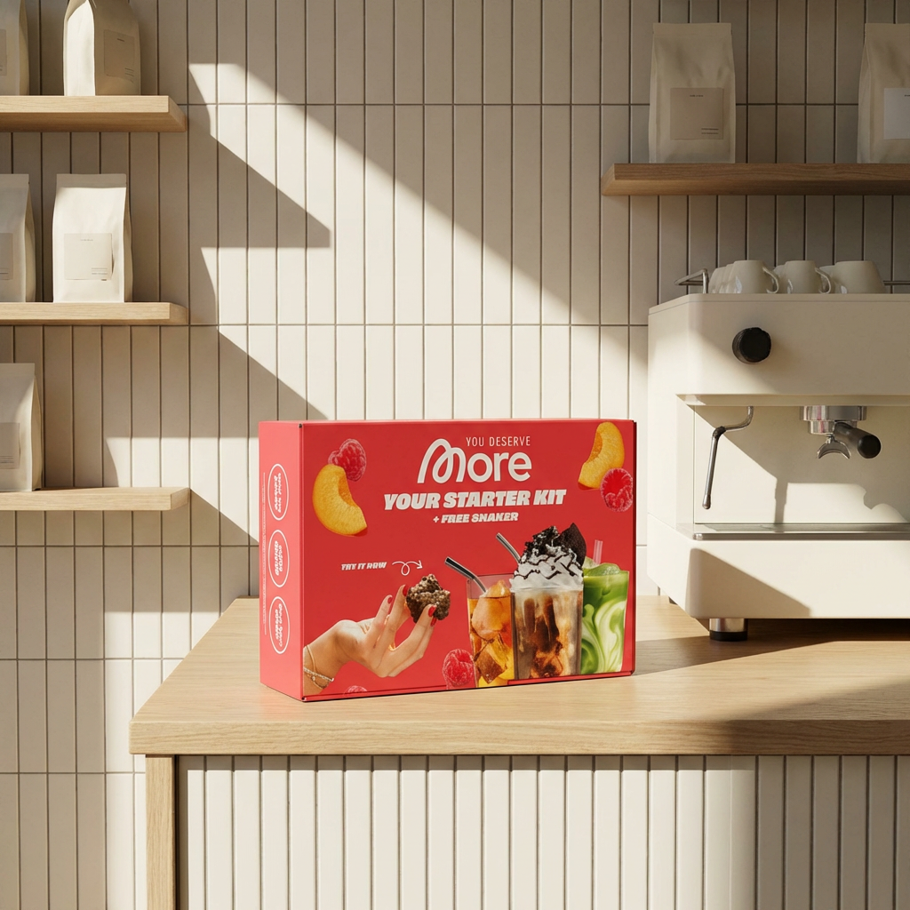 Red starter kit box with drinks and snack images on kitchen counter next to coffee machine