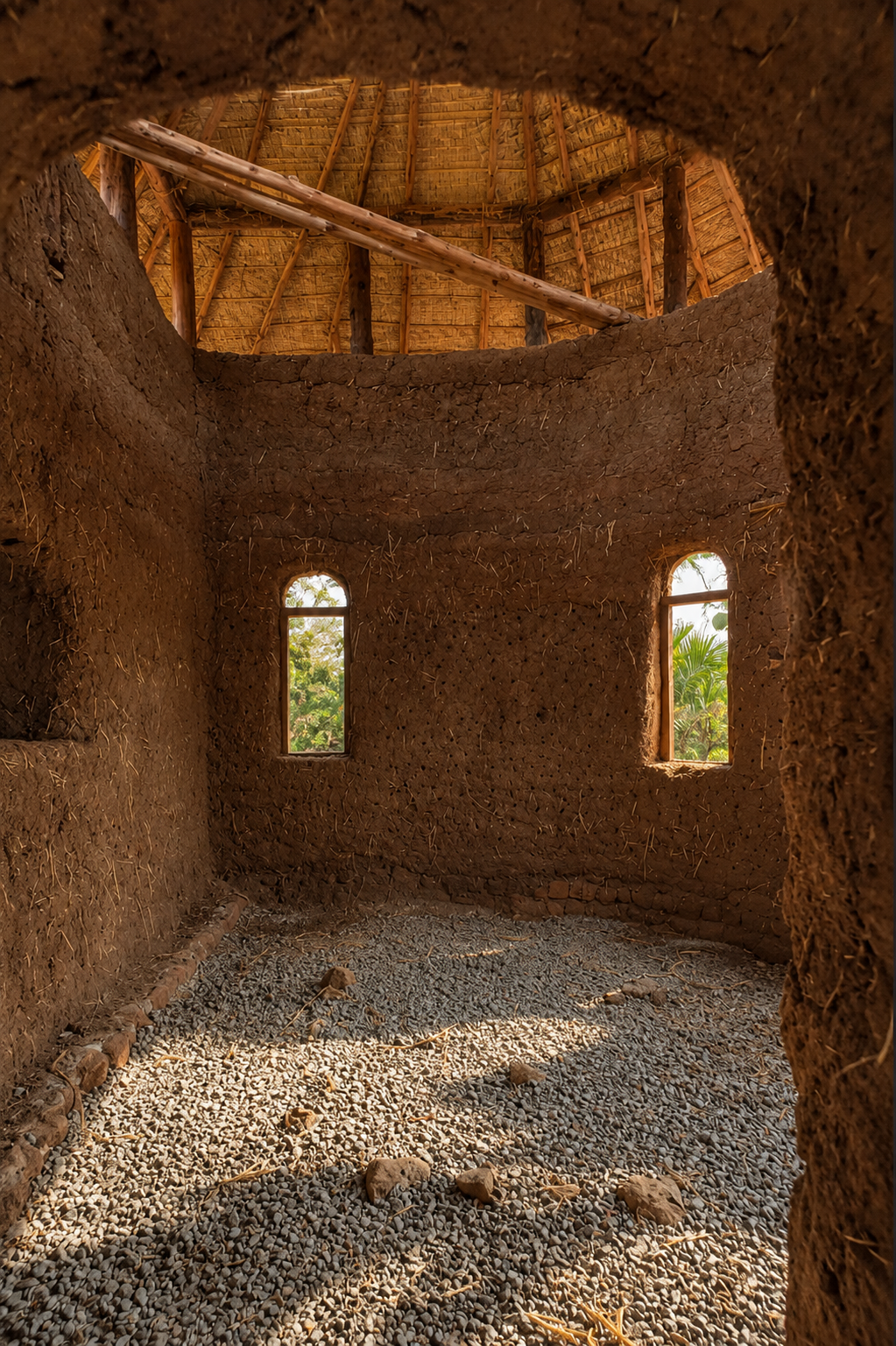 Inside a curved cob room: straw-flecked earthen walls, two arched windows onto greenery and a thatched roof on timber beams