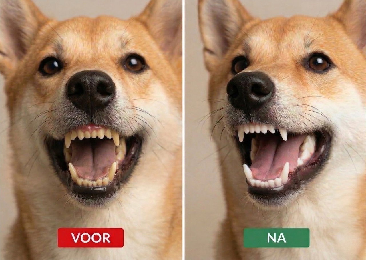 Close-up of a dog showing its teeth before and after dental cleaning or editing