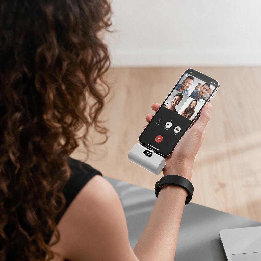 Woman on a group video call holding her phone with a white VoltPocket Mini plugged into the bottom, LED showing 100%