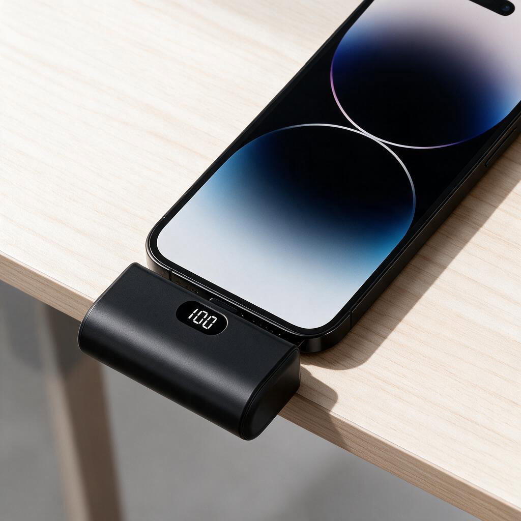 VoltPocket Mini plugged straight into a smartphone, no cable, LED showing 100%