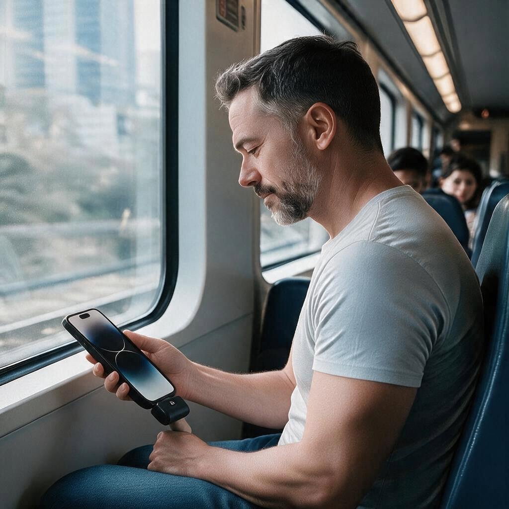 Hand holding a USB-C smartphone on a sunlit morning train, the screen showing the charging ring, with a black VoltPocket Mini docked sideways into the port, no cable