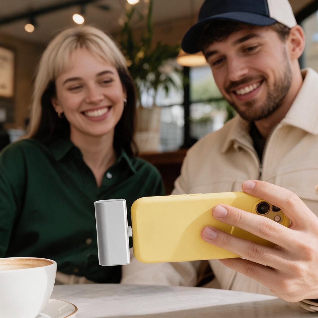 Smiling couple at a café watching a video on a yellow phone with VoltPocket Mini plugged into its side