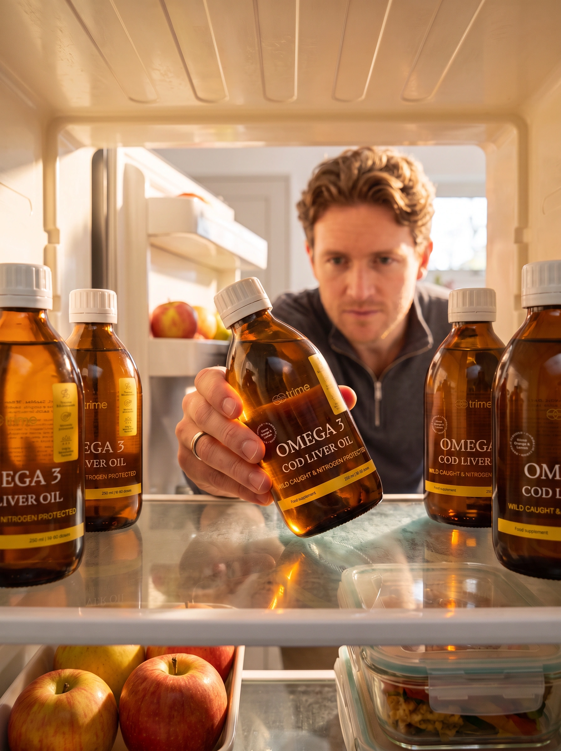 Hand reaching for the Omega 3 Aceite de hígado de bacalao premium bottle in a fridge door in the morning