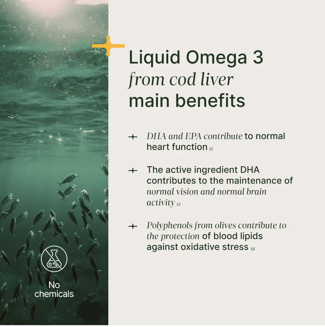 Omega-3 Cod Liver Oil bottle with product details and ingredients