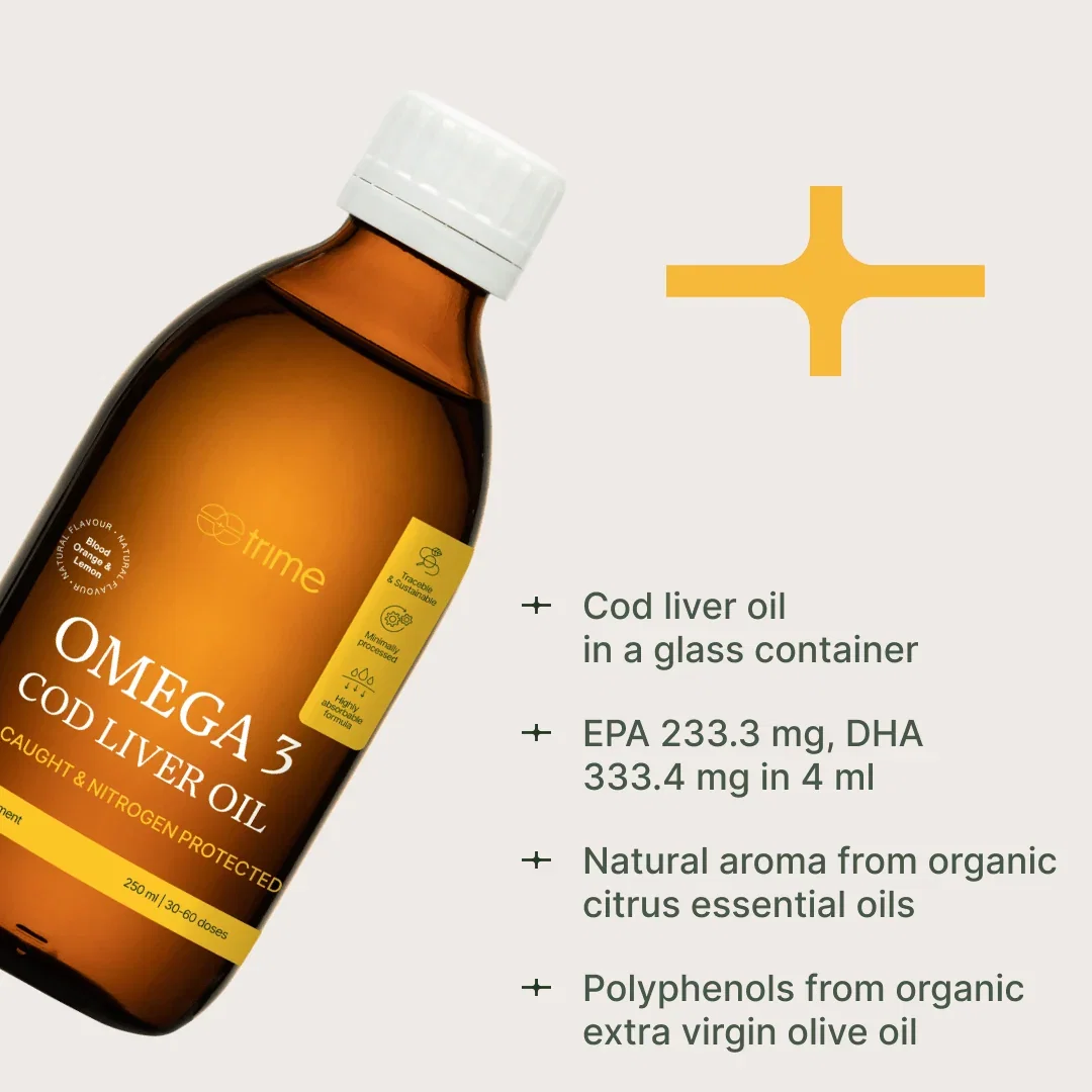 Omega-3 Cod Liver Oil amber glass bottle, front